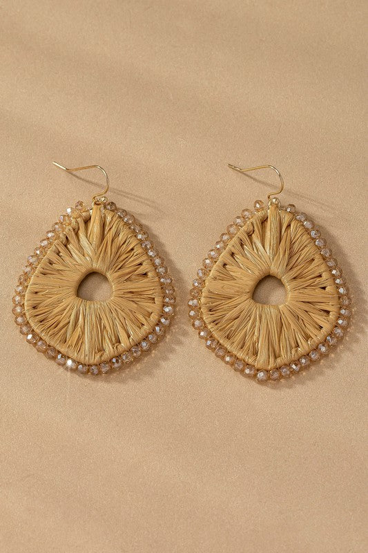 Raffia Straw Faceted Bead Kite Hoop Earrings