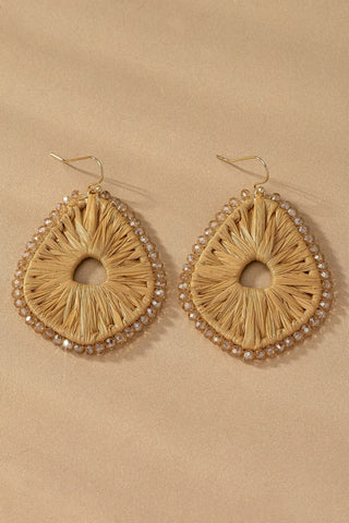 Raffia Straw Faceted Bead Kite Hoop Earrings