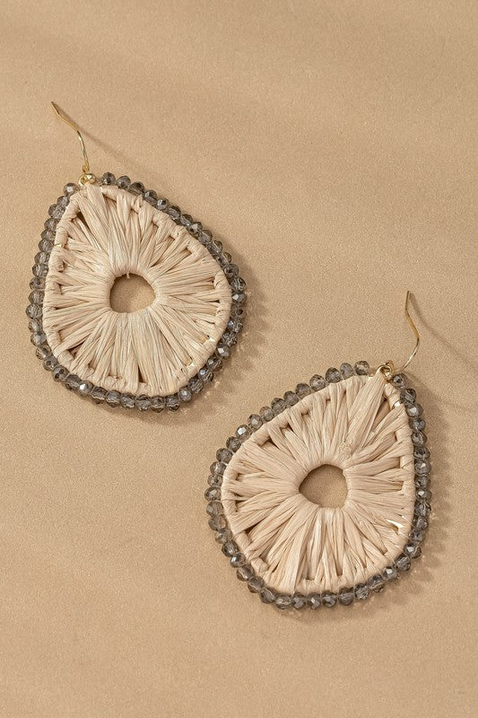Raffia Straw Faceted Bead Kite Hoop Earrings