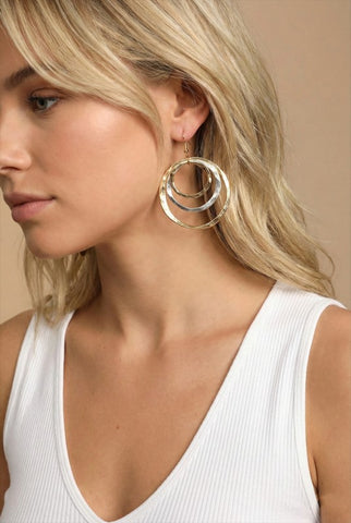 Three Hammered Hoops Two Tone Earrings