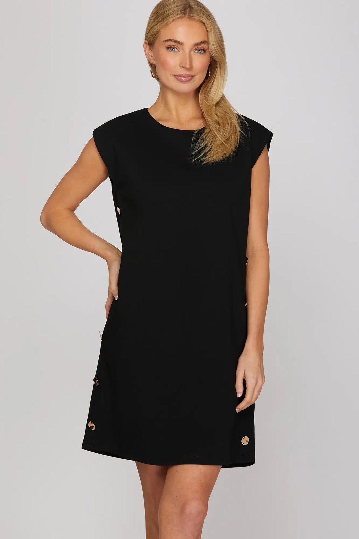SLEEVELESS SIDE BUTTONED KNIT MINI DRESS WITH POCKETS