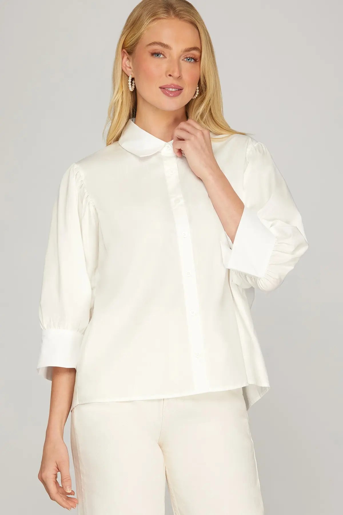 HALF CUFF SLEEVE WOVEN BUTTON DOWN SHIRT TOP