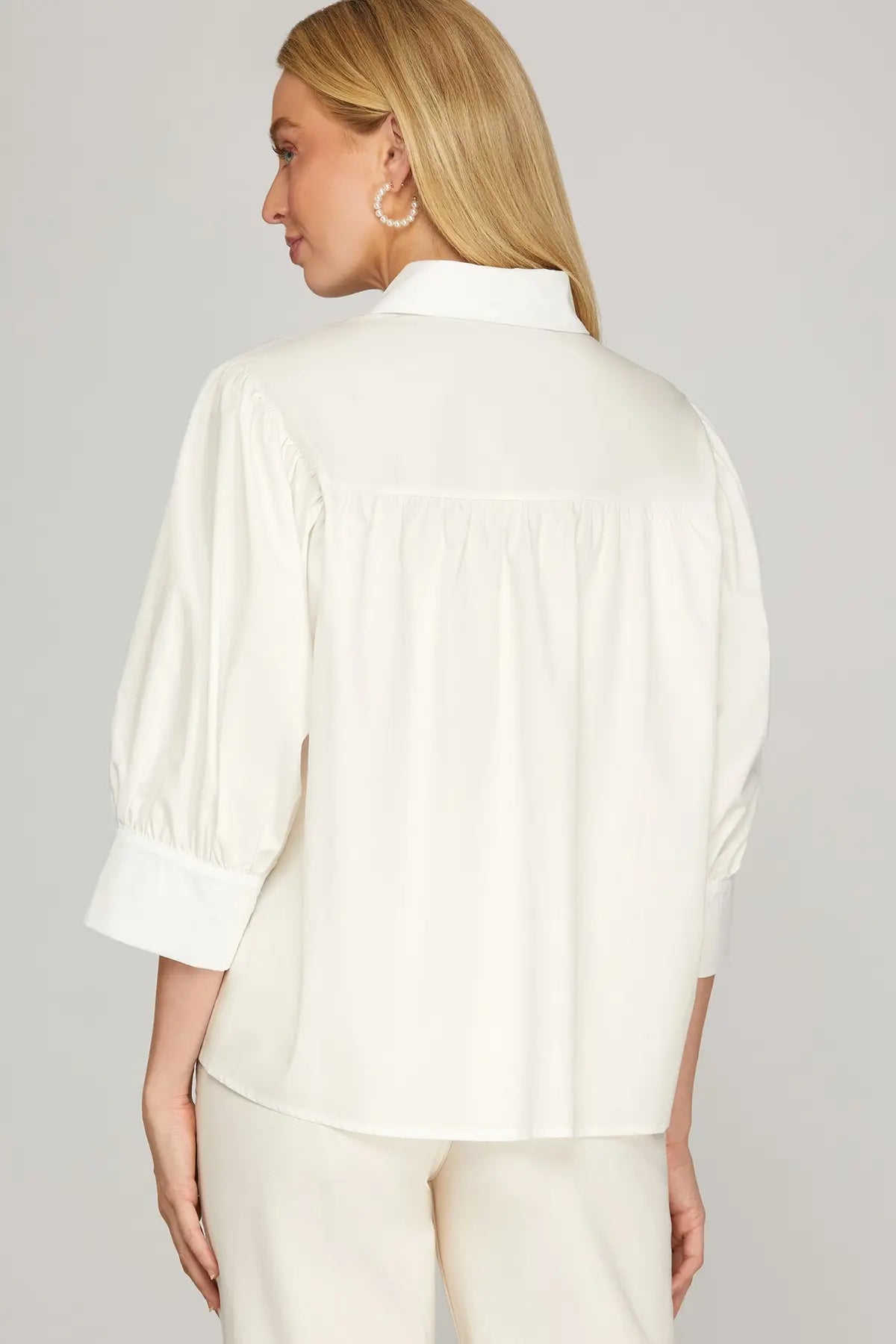HALF CUFF SLEEVE WOVEN BUTTON DOWN SHIRT TOP