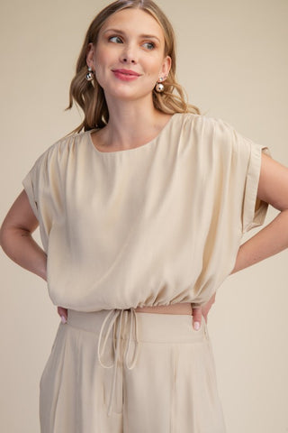 Round Neck Short Sleeves Relaxed Drawstring Crop Top