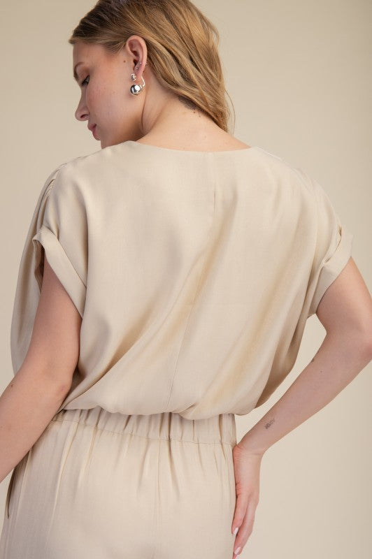 Round Neck Short Sleeves Relaxed Drawstring Crop Top