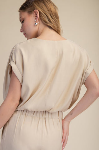 Round Neck Short Sleeves Relaxed Drawstring Crop Top