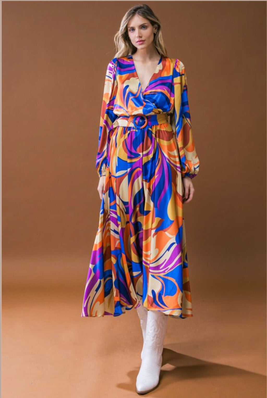 Printed Woven Satin Midi Dress