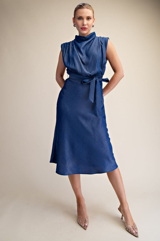 Cowl Neck Sleeveless Waist Tie Midi Dress