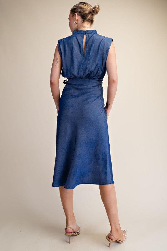 Cowl Neck Sleeveless Waist Tie Midi Dress