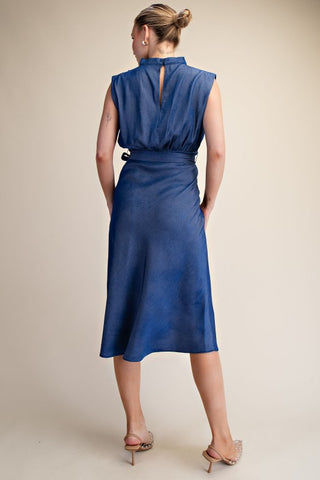 Cowl Neck Sleeveless Waist Tie Midi Dress