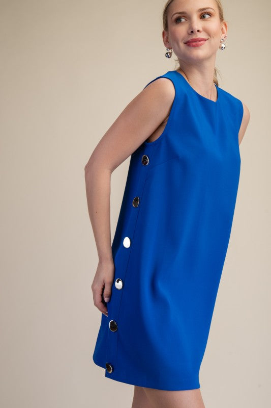Round Neck Sleeveless Side Button Shift Mini Dress