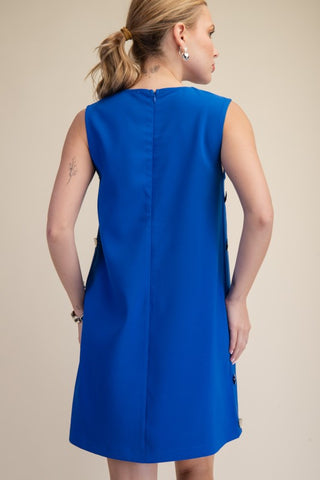 Round Neck Sleeveless Side Button Shift Mini Dress