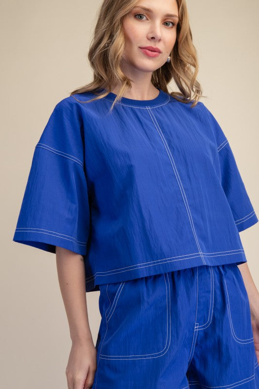 Round Neck Oversized Stitch Detail Crop Top