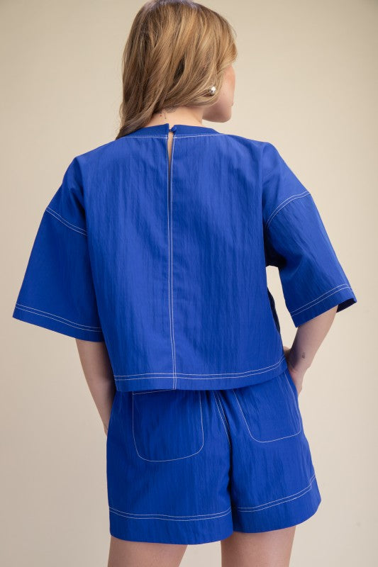 Round Neck Oversized Stitch Detail Crop Top