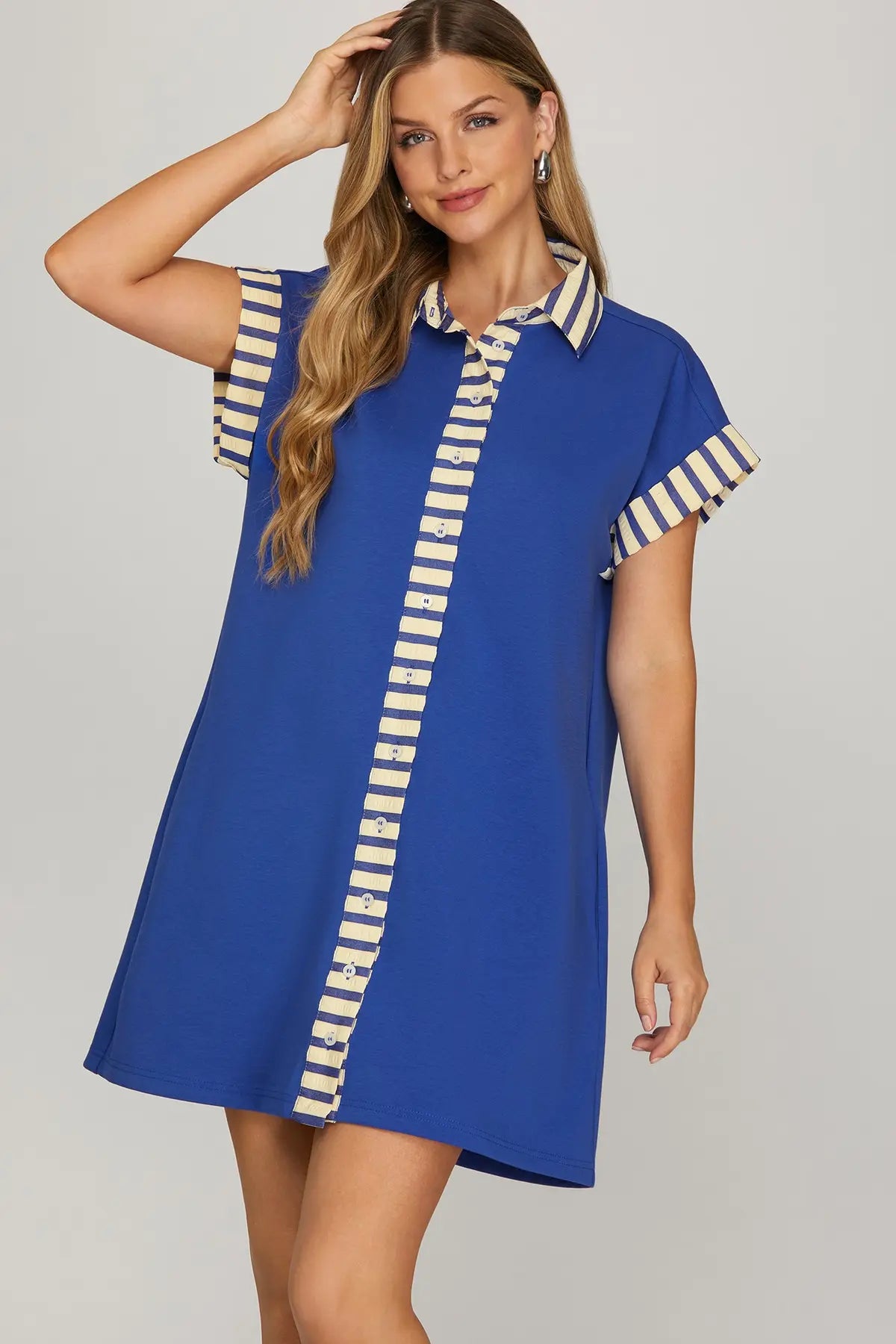 Drop Shoulder Contrast Cuff Sleeve Button Down Knit Shirt Mini Dress