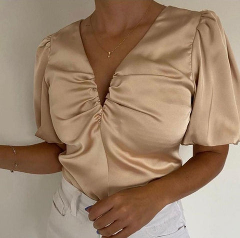 V NECK SATIN TOP