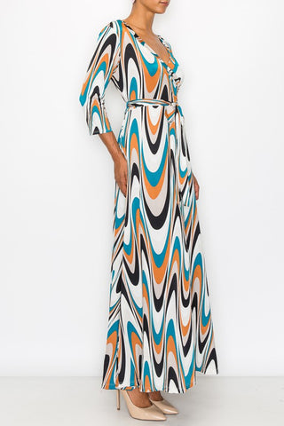 VENESIA print 3/4 sleeve maxi wrap dress