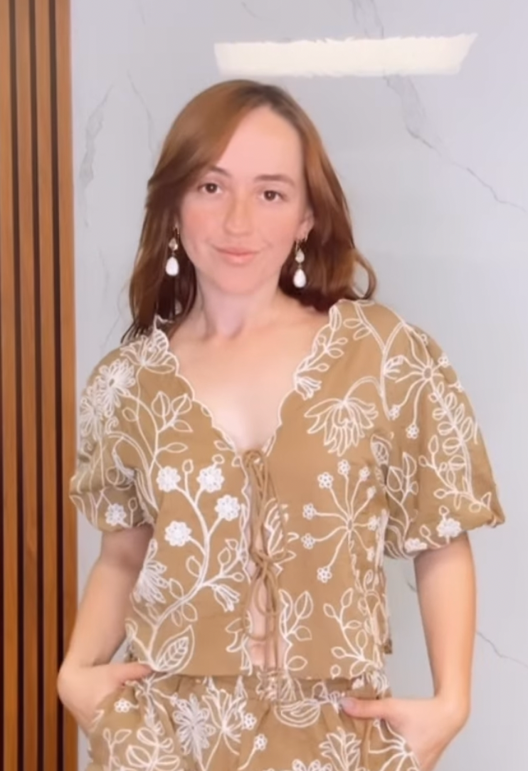 Floral Embroidered Tie-front Top
