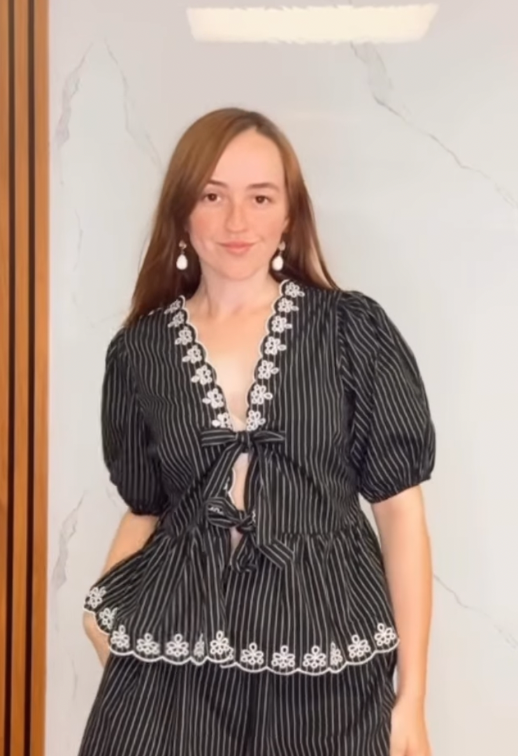 Striped Tie-front Embroidered Peplum Top