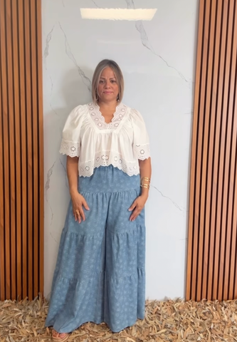 Floral Tiered Flare Denim Pants