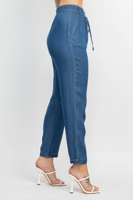 Cuffed Hem Denim Jogger Pants