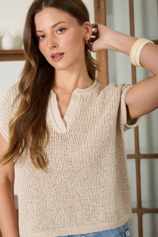 Split Neck Raw Edge Short Sleeve Sheer Knit Top
