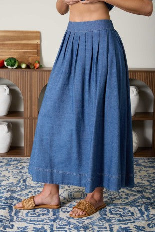 Pleated High Waist Denim Midi Skirt