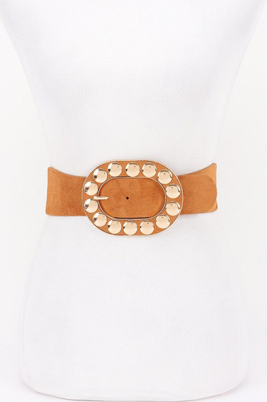Metal Studded Buckle Faux Suede Elastic Belt