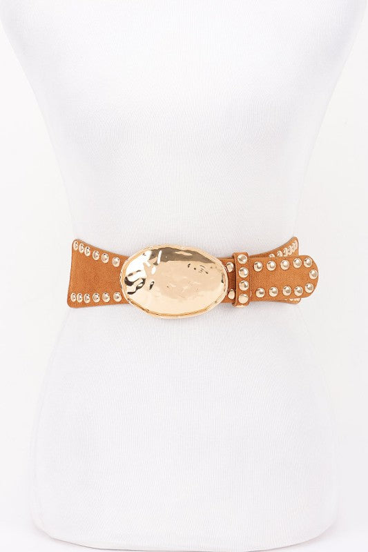 Hammered Metal Buckle Studded Faux Suede Elastic Belt