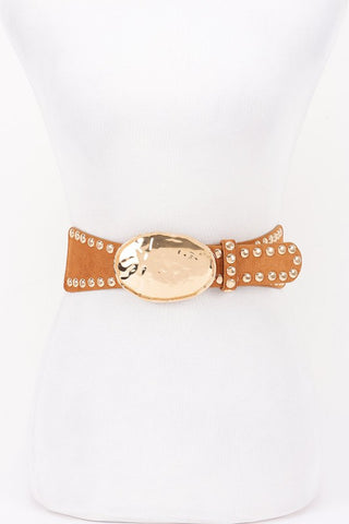 Hammered Metal Buckle Studded Faux Suede Elastic Belt