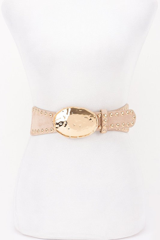 Hammered Metal Buckle Studded Faux Suede Elastic Belt