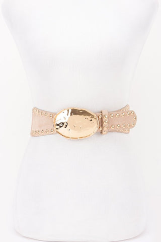Hammered Metal Buckle Studded Faux Suede Elastic Belt