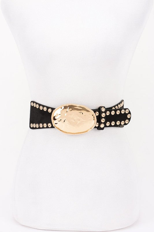 Hammered Metal Buckle Studded Faux Suede Elastic Belt