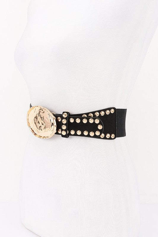 Hammered Metal Buckle Studded Faux Suede Elastic Belt
