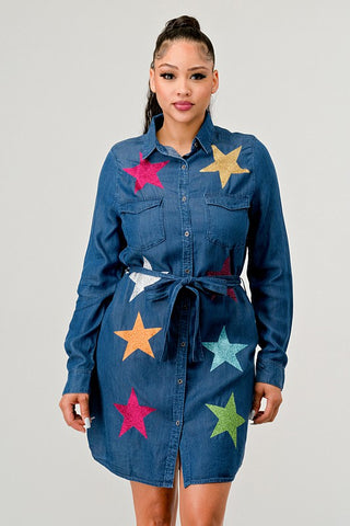 LONG SLEEVES DENIM DRESS MULTIN STARS COLORS