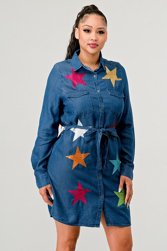 LONG SLEEVES DENIM DRESS MULTIN STARS COLORS