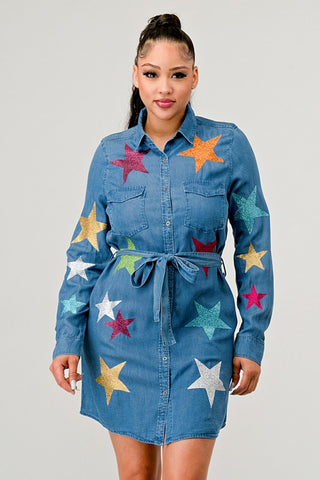 LONG SLEEVES DENIM DRESS MULTIN STARS COLORS