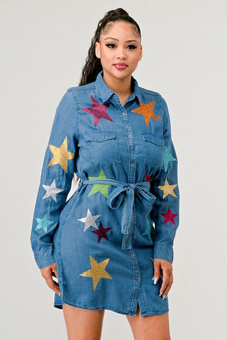 LONG SLEEVES DENIM DRESS MULTIN STARS COLORS