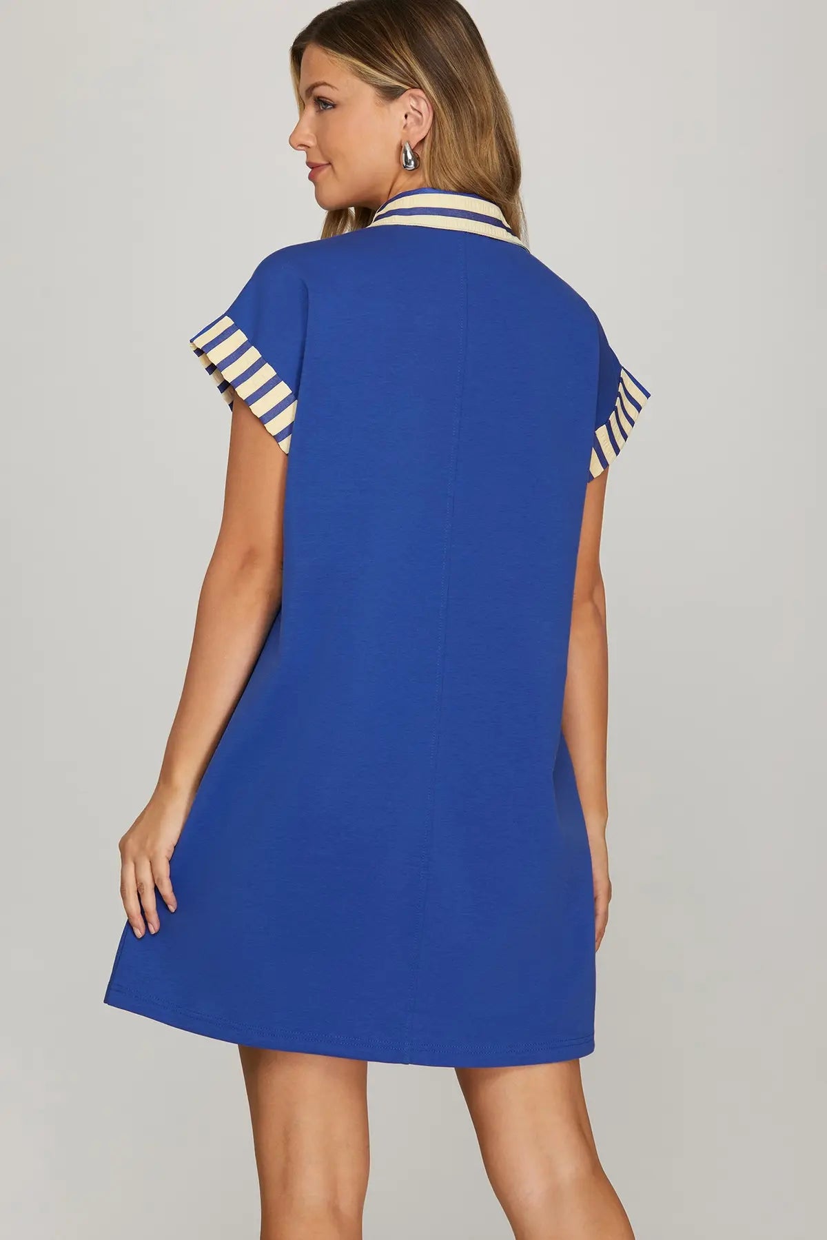 Drop Shoulder Contrast Cuff Sleeve Button Down Knit Shirt Mini Dress