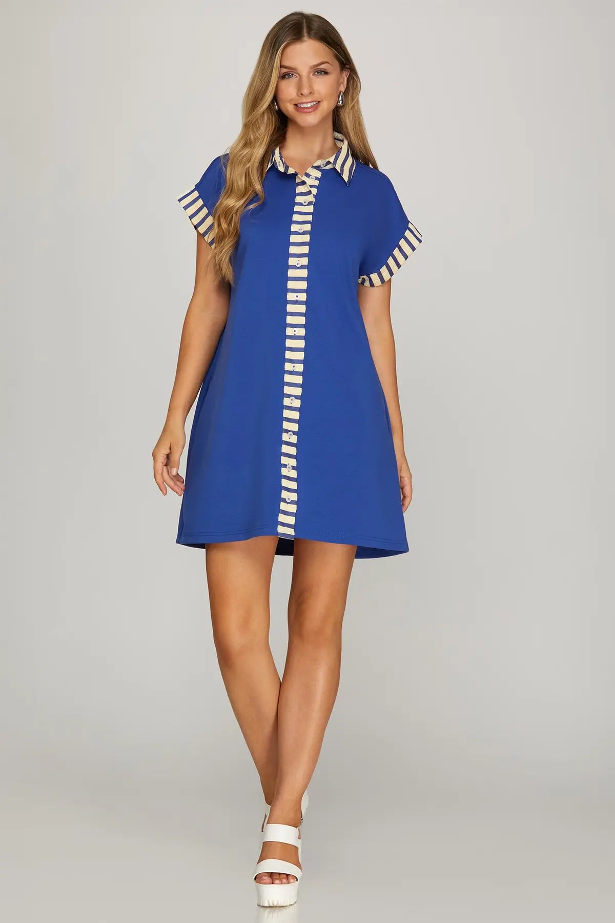 Drop Shoulder Contrast Cuff Sleeve Button Down Knit Shirt Mini Dress
