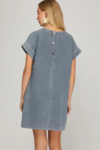 SHORT DROP SLEEVE WOVEN WASHED DENIM BACK BUTTONED MINI DRESS WITH POCKETS