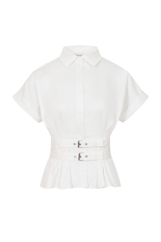 Belted Contour Woven Pleated Short Sleeve Top