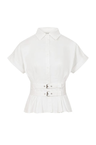 Belted Contour Woven Pleated Short Sleeve Top