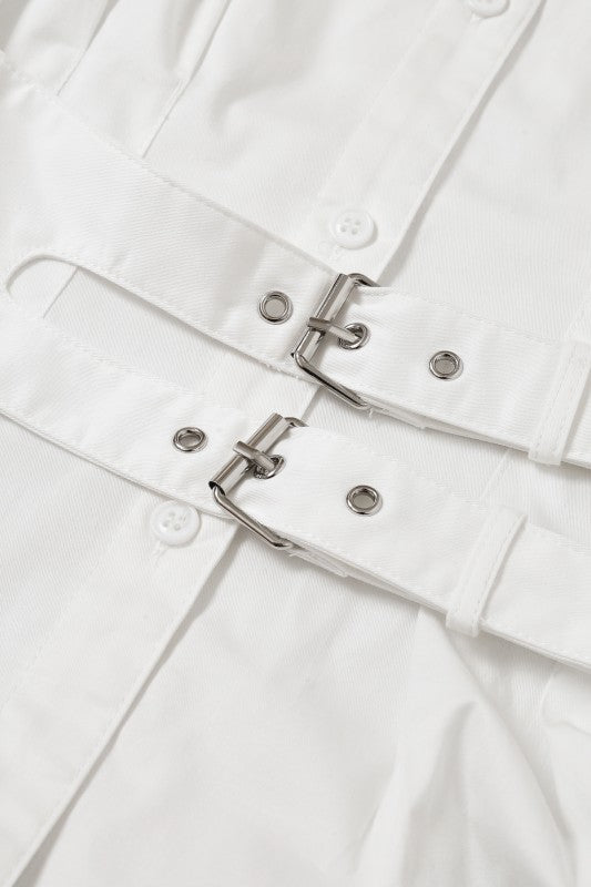 Belted Contour Woven Pleated Short Sleeve Top