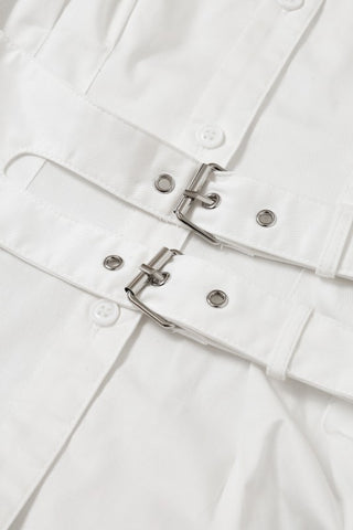 Belted Contour Woven Pleated Short Sleeve Top