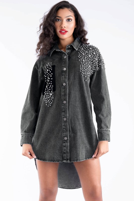 DENIM STUD HI LOW SHIRT DRESS