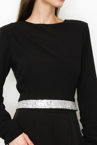 Long Sleeve Round Neck Hotfix Waistband Detail Top