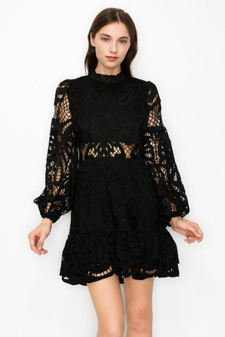 Floral Applique Lace Long Puff Sleeve Mini Dress