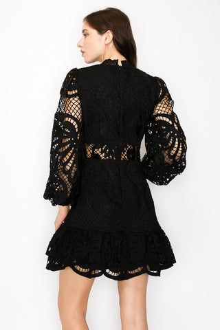 Floral Applique Lace Long Puff Sleeve Mini Dress