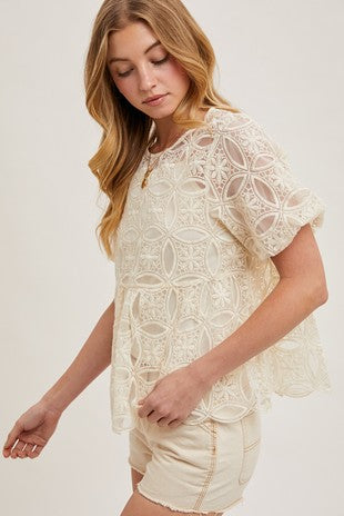 Balloon Sleeved Sheer Crochet Babydoll Top